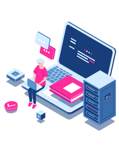 Illustration of a person sitting at a laptop with books and a server nearby.