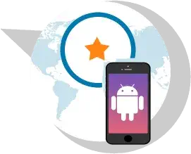 Mobile phone displaying an Android logo on a gradient background with a world map behind it.