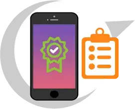 Mobile phone displaying a verified badge and a checklist icon next to it.
